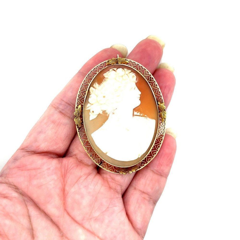 STUNNING, Solid 14 K GOLD Vintage, LARGE Cameo Pendant/Brooch - Picture 3 of 7